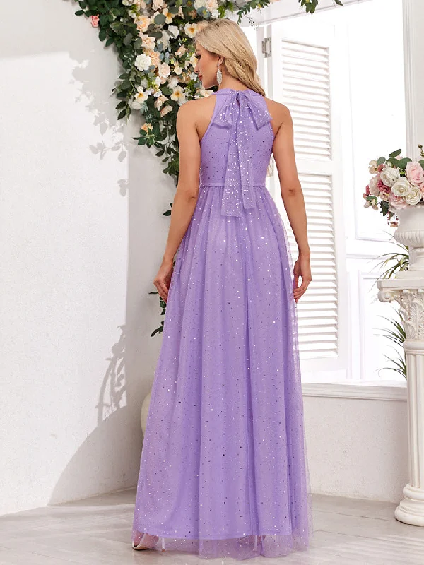 Trend Alert Demure Sparkling Halter Neck Sleeveless Empire Waist A-Line Maxi Bridesmaid/Prom/Evening Dress with Bow