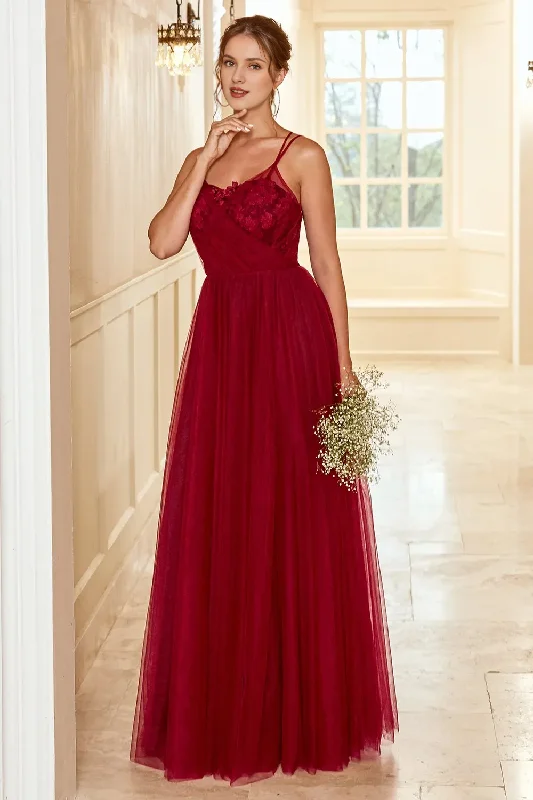 Exclusive Discount Wine red lace thin shoulder strap and floor length bridesmaid dress