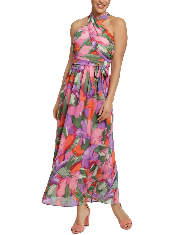 Fashion Essentials Petites Womens Printed Chiffon Maxi Dress