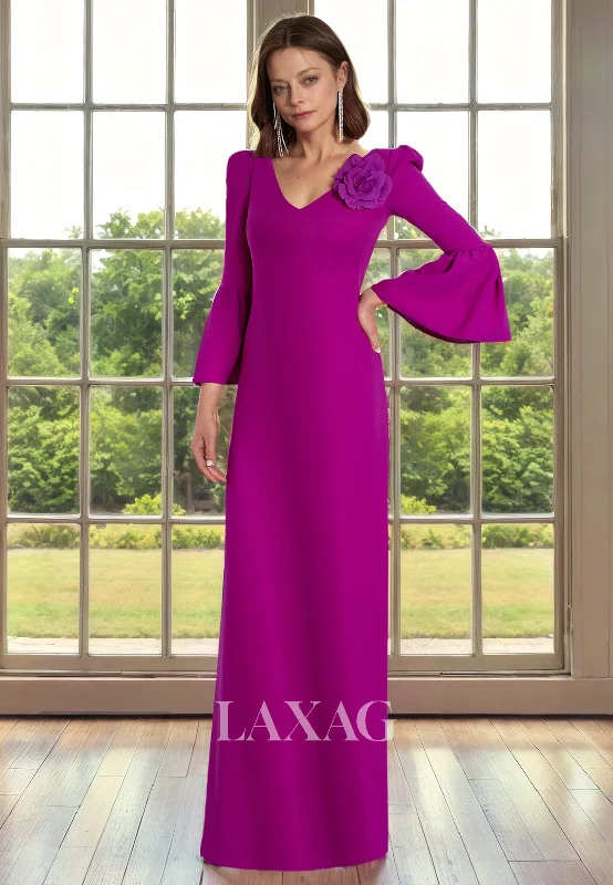 Summer Fashion V-Neck Long Sleeves Sleek Satin Elegant Mother of the Bride Dress with Slit