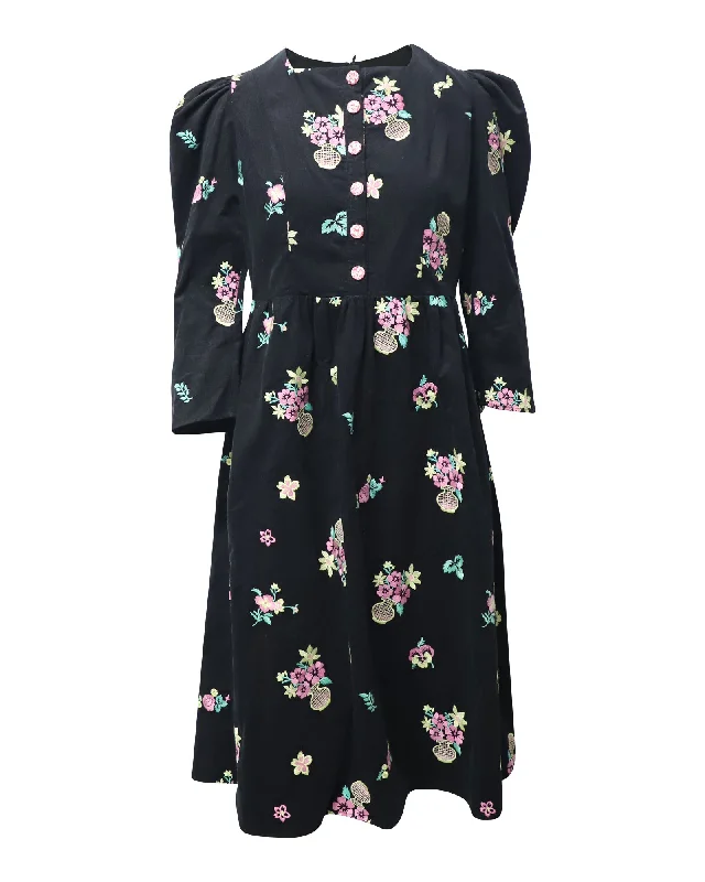 Fashion Sale Batsheva Puff Sleeve Midi Dress in Black Floral Print Cotton