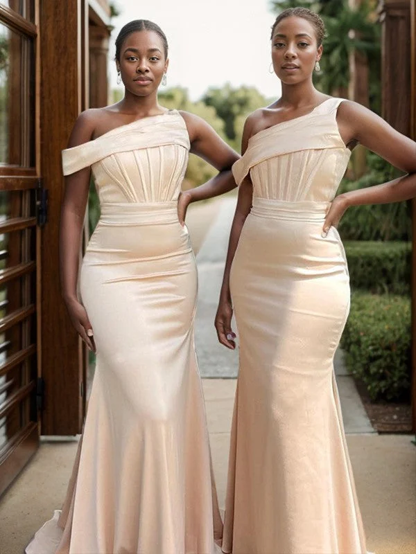 Casual Chic Sheath/pillar shaped silk satin pleats in a timely and long style bridesmaid dress