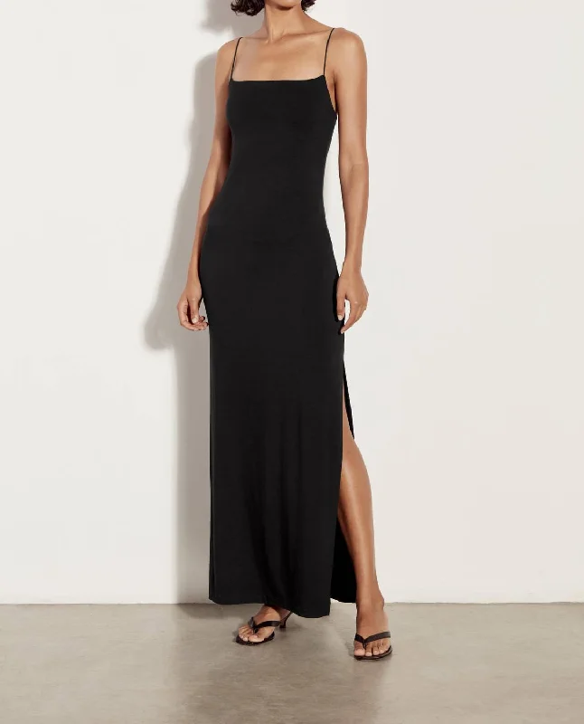 End - Of - Month Blowout Italian Viscose Strappy Side Slit Maxi Dress In Black