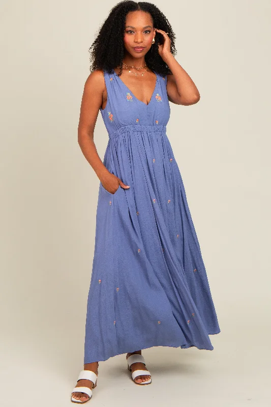 Exclusive Discount Perwinkle Floral Embroidered Sleeveless Maxi Dress