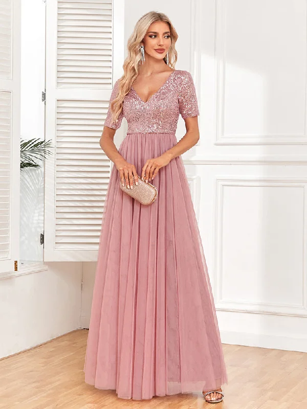 Stylish Savings V-Neck Short Sleeves Sequined Bodice Maxi A-Line Tulle Skirt Evening/Bridesmaid Dress