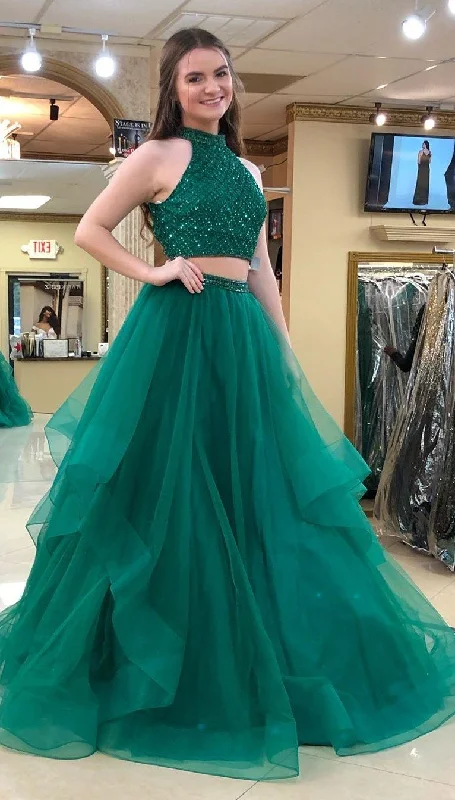 Mid - Week Surprise Ball Gown Two Pieces Green Prom Dress with Tiered Skirt cg2237