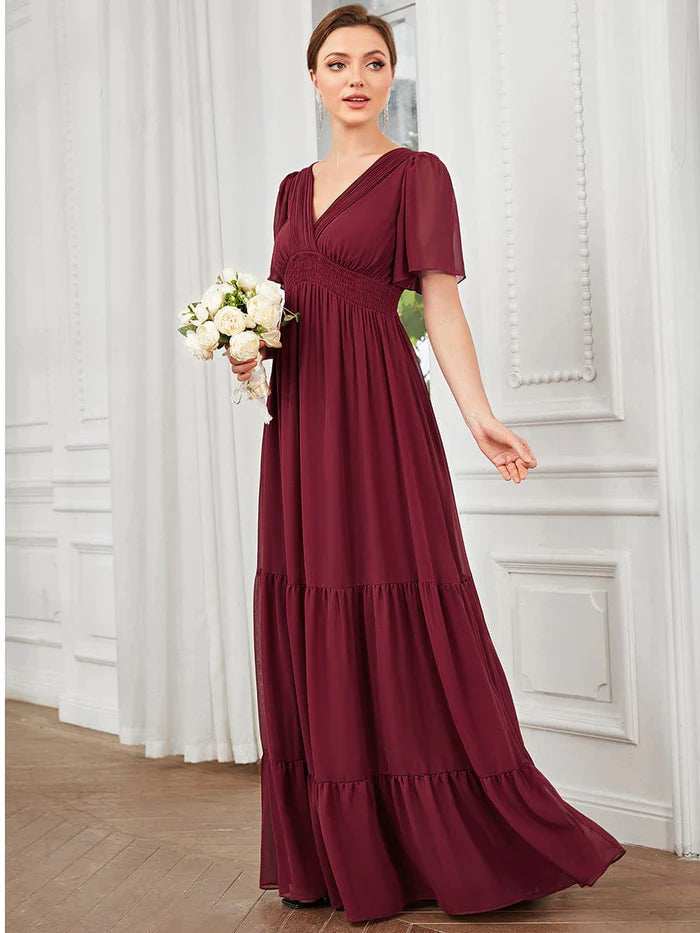 Day-To-Night Styles Chiffon Short Sleeve V-Neck Vintage Prairie Floor-Length Bridesmaid Dress