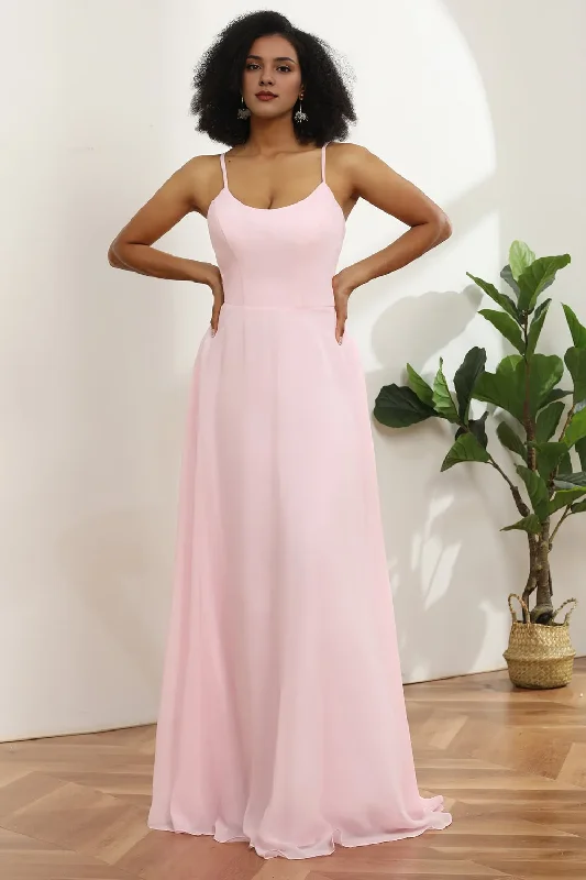 Hot Styles Thin shoulder chiffon pink and floor length bridesmaid dress