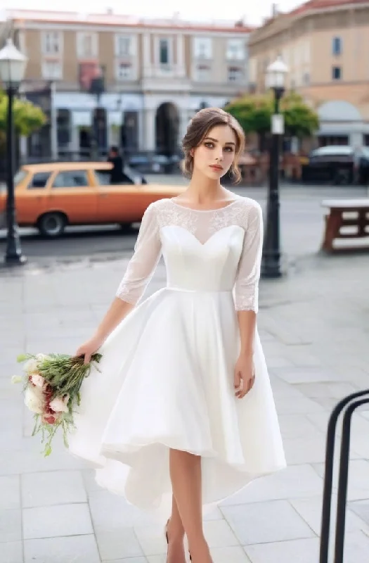 Elegant Style Casual Half Sleeves Chiffon A-Line High-low Wedding Dress with Appliques