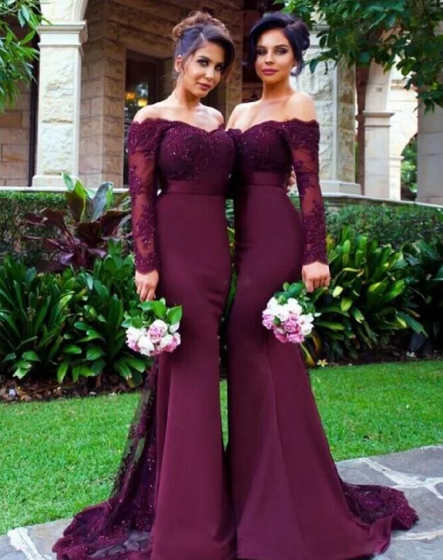 Evening Looks Mermaid Long Sleeve Burgundy Bridesmaid Dress