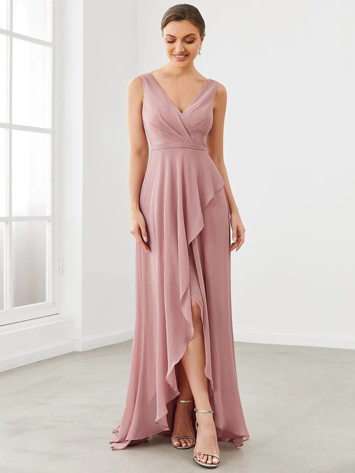 Budget-Friendly Fashion Chiffon Ruffled Hem Front Slit V-Neck Sleeveless Bridesmaid Dress