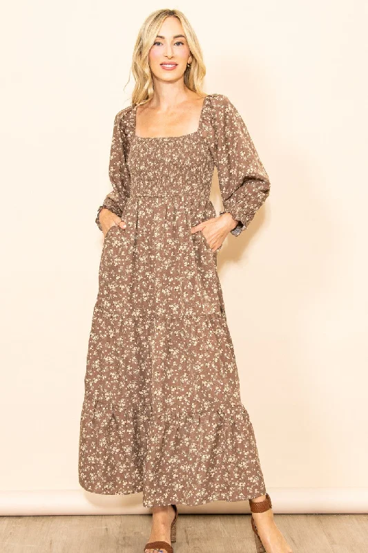 End Of Season Sale Mocha Floral Smocked Long Sleeve Maxi Dress