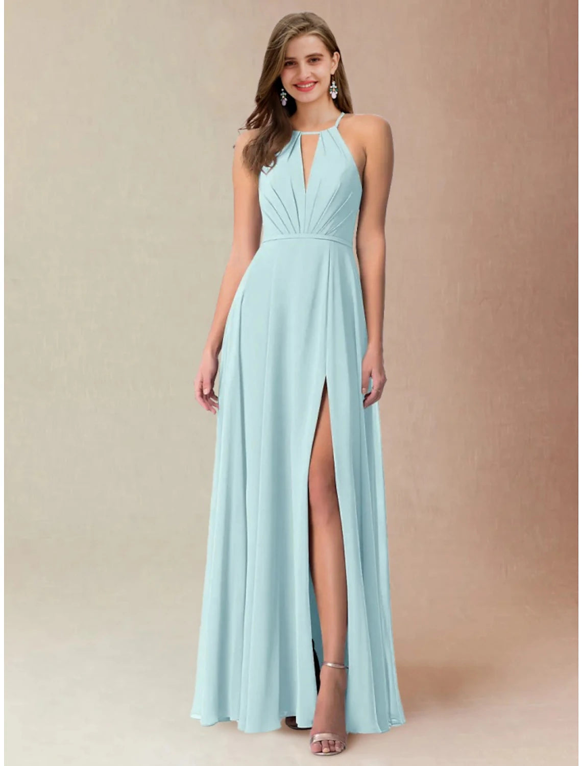 Hot Styles A-Line Bridesmaid Dress Halter Neck Sleeveless Elegant Floor Length Chiffon with Bow(s) / Split Front / Ruching