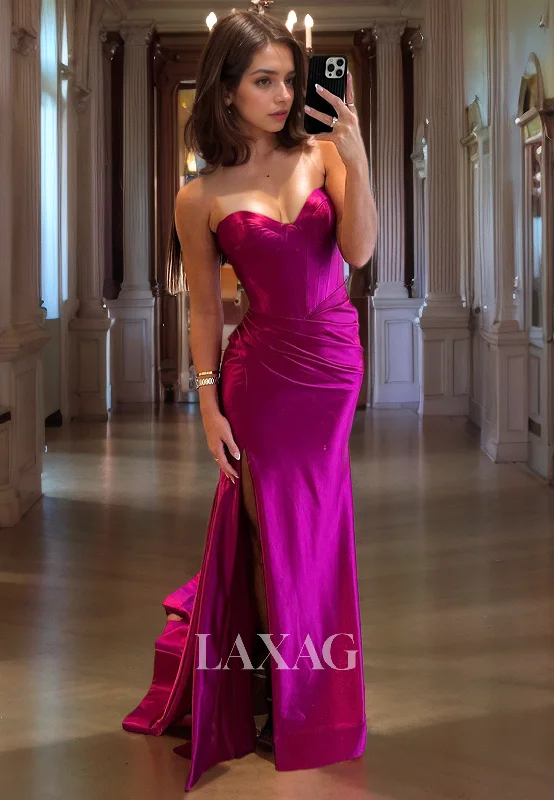 Special Occasion Wear Strapless Sleek Satin High Slit Party Prom Formal Evening Dress with Train