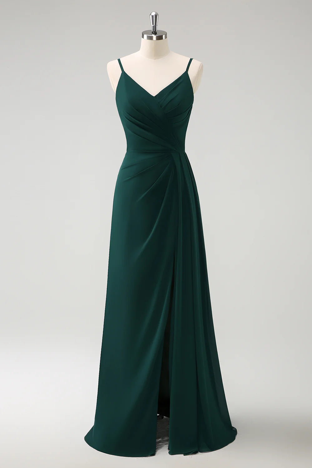 Limited - Time Bundle Deep green A-line thin shoulder strap and ground chiffon slit bridesmaid dress