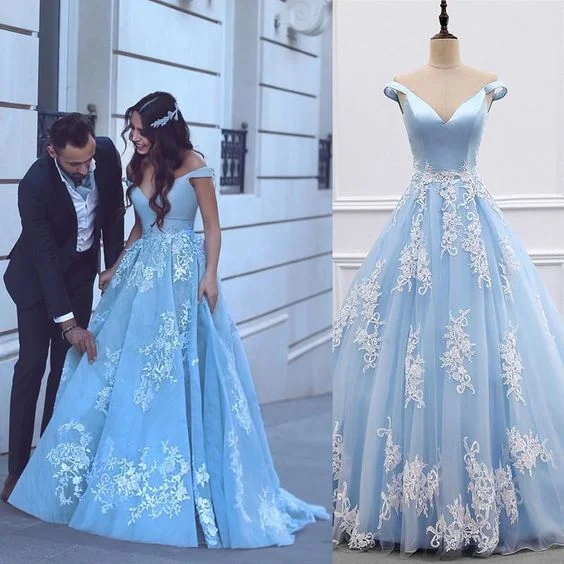 Stylish Savings Light Blue Tulle Ball Gowns Prom Dresses Lace Appliques Off Shoulder  cg472