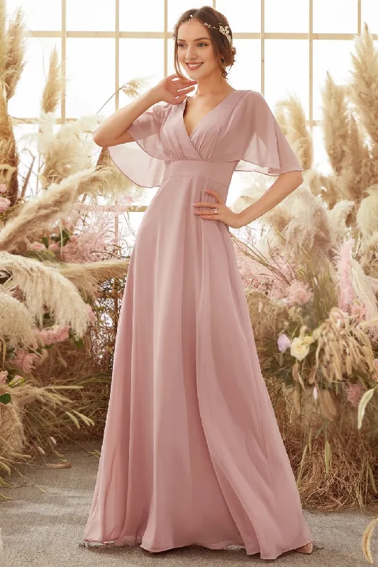 Wardrobe Refresh Powder blusher bat wing sleeve chiffon bridesmaid dress