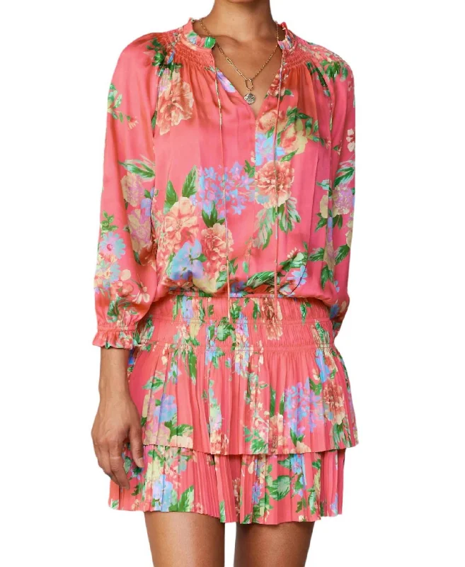 Stylish Spring Fashion Aurelie Pleated Floral Mini Dress In Bright Pink