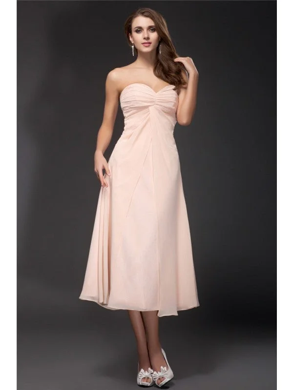 Budget-Friendly Fashion Sheath/Column Sweetheart Ruffles Sleeveless Tea Length Chiffon Bridesmaid Dresses