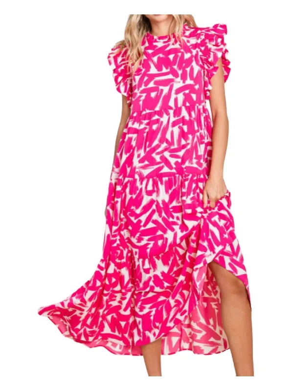 Pastel Styles Patterened Ruffle Sleeve Midi Dress In Pink