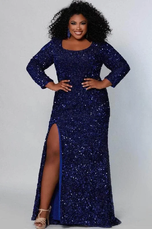 Limited Styles Sydney's Closet - Sequined Long Sleeve Formal Dress SC7320 - 1 pc Sapphire In Size 22 Available