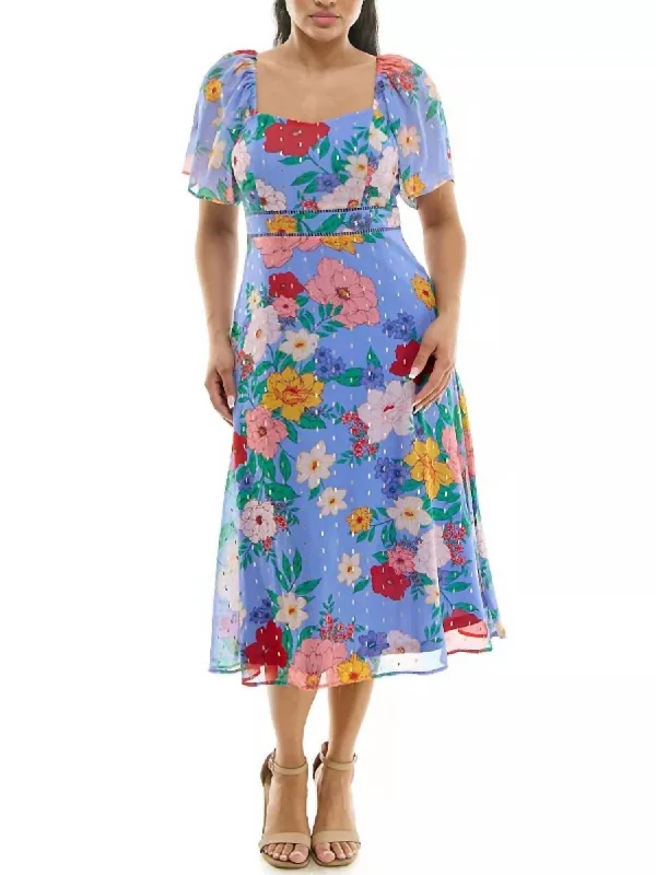 Limited Quantities Floral Sweetheart Neck Midi Dress In Peri Multi