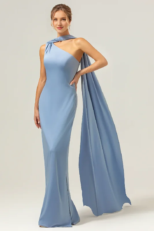 Wardrobe Upgrade Grey blue tight one shoulder satin long bridesmaid dress