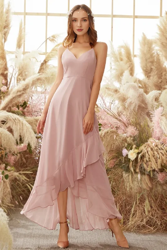 Pastel Styles Powder blusher high-low chiffon bridesmaid dress