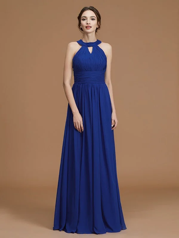 Exclusive Sale A-Line/Princess Halter Sleeveless Floor-Length Ruched Chiffon Bridesmaid Dresses