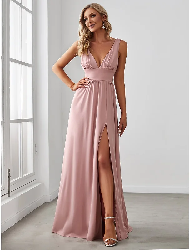 Style Upgrade A-Line Prom Party Dress High Split Dress Wedding Guest Formal Evening Floor Length Sleeveless V Neck Bridesmaid Dress Chiffon V Back with Slit Pure Color