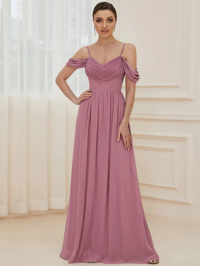 Fashion Forward Pleated V-Neck Cold Shoulder Bridesmaid Dress