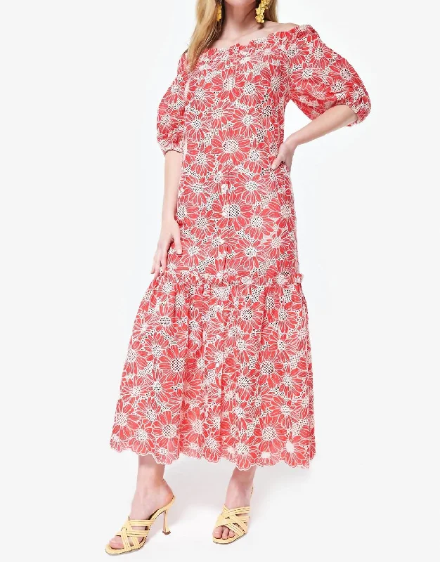 Feminine Soft - Hued Styles Ira Midi Dress In Red Lace