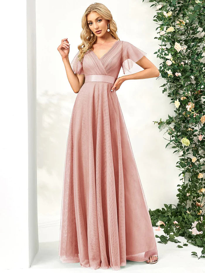 Summer Fashion Double V-Neck Floor-Length Short Sleeve Tulle Bridesmaid Dresses