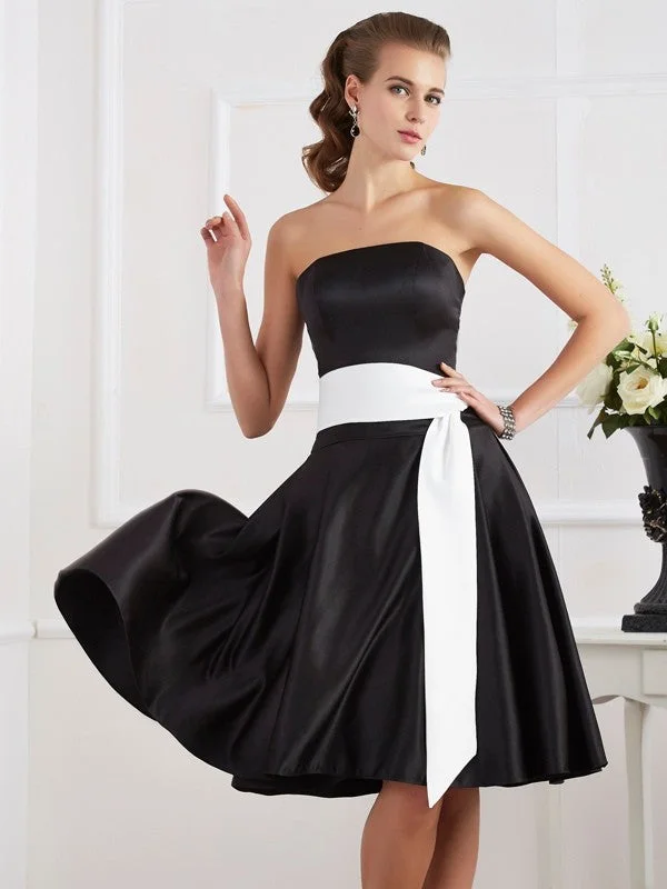 Elevate Your Wardrobe A-Line/Princess Strapless Sleeveless Sash/Ribbon/Belt Short Satin Bridesmaid Dresses