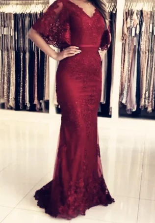 Early Access To Art Deco Styles Sale Modest Prom Dresses,Burgundy Lace Mermaid Evening Gown With Puffy Sleeves cg2402