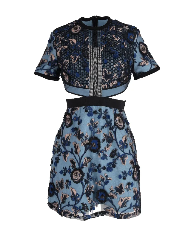 Summer Essentials Self-Portrait Florence Floral-Embroidered Cutout Dress in Blue Polyester