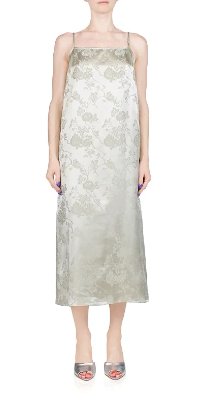 Feminine Soft - Hued Styles Jacquard Slip Midi Dress In Ash