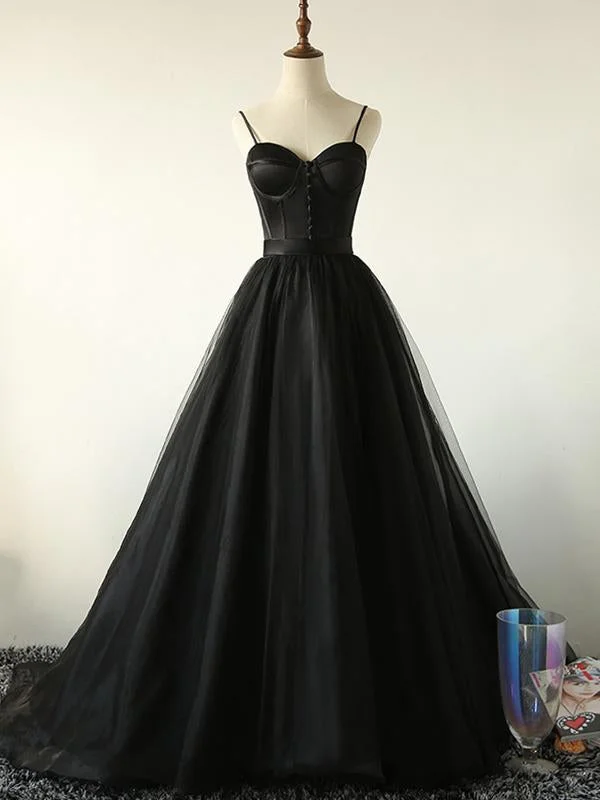 Spring Wardrobe Ball Gown Spaghetti Straps Black Tulle Prom Dress Long Brush/Sweep Train Prom/Evening Dress  cg1429