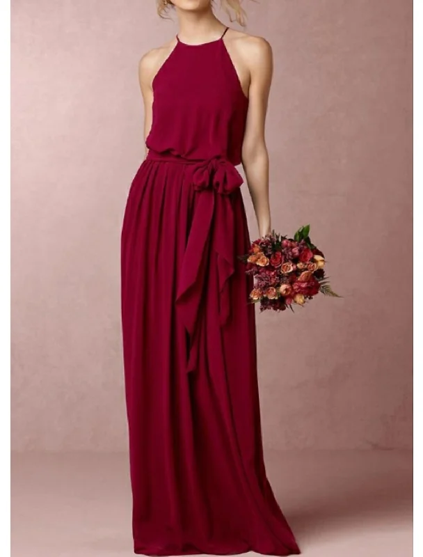 Trendy Styles A-Line Bridesmaid Dress Halter Neck Sleeveless Elegant Floor Length Chiffon with Bow(s)