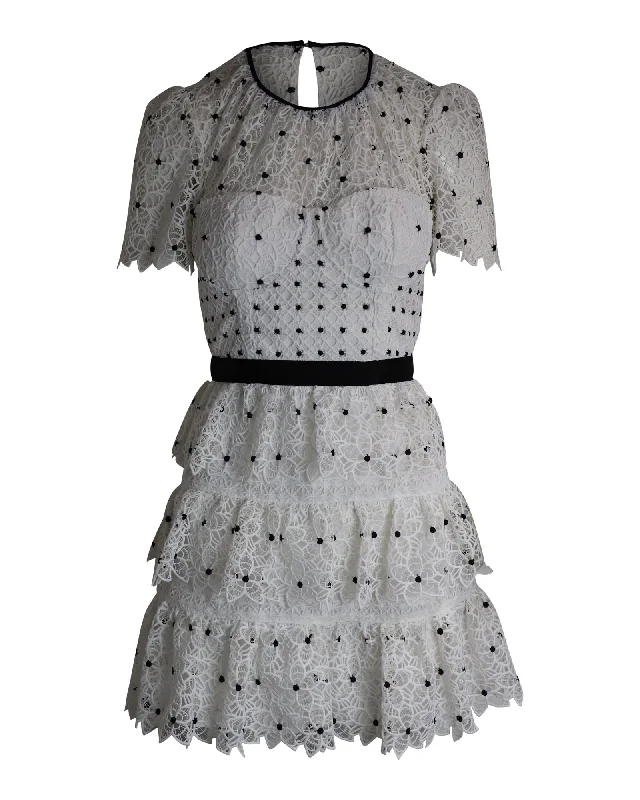 Spring Fashion Self-Portrait Tiered Polka Dot Floral Lace Mini Dress in White Polyester