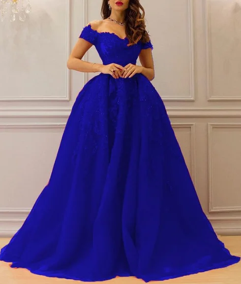 Exclusive Sale Royal Blue Sweetheart Tulle Off The Shoulder Prom Dresses Lace Appliques Evening Gowns cg3002