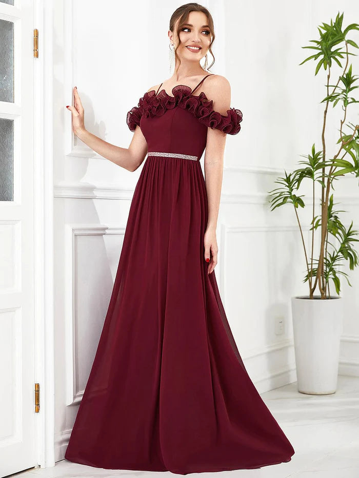 Special Occasion Wear Ruffled Spaghetti Strap Sequin Waist Cold Shoulder Chiffon Bridesmaid Dress