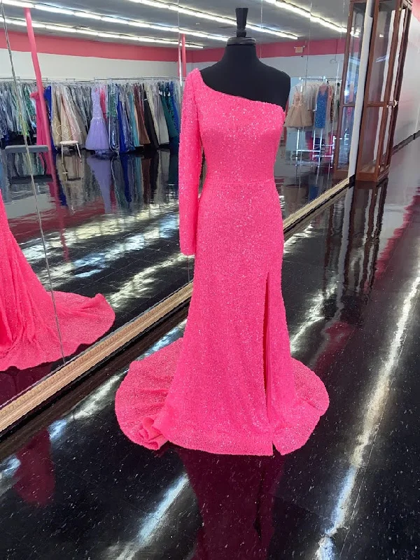 Discounts On Casual Weekend Styles Amarra 87262 Neon Pink Prom Dress Size 16 One Long Sleeve Prom Dress Slit