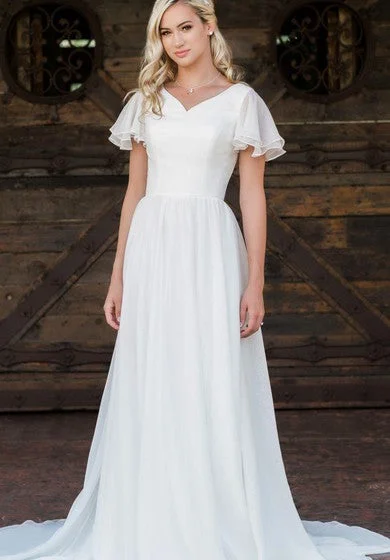 Beat The Heat In Tropical Styles Casual V-neck Chiffon A Line Floor-length Brush Train Short Sleeve Wedding Dress with Ruffles