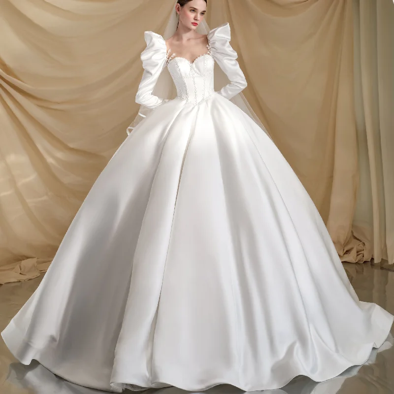 Budget-Friendly Fashion Square-neck Ballgown Satin Wedding Dress with Puffy Long Sleeve