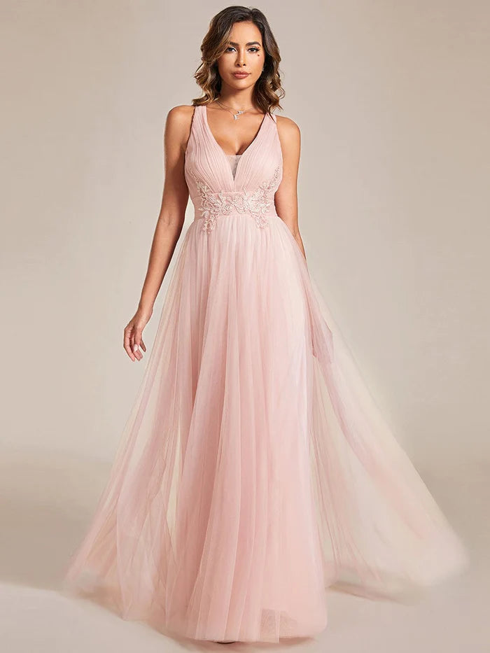 Fashionista Favorites Sleeveless Waist Applique Cross-Back Straps Tulle Bridesmaid Dress