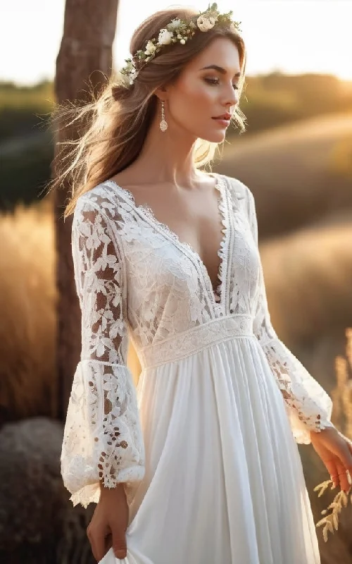 Great Prices On Feminine Styles Boho Long Bell Sleeves V-Neck Lace and Chiffon A-Line Dress