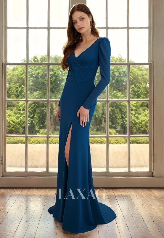 Save Big V-Neck Long Sleeves Sleek Satin Mother of the Bride Dress with Slit and Train