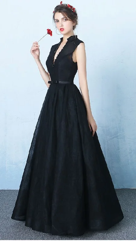 Stylish Savings New Design Black Lace V Neck Prom Dresses,Stand up Neck Backless Ball Gown Prom Dress  cg2723