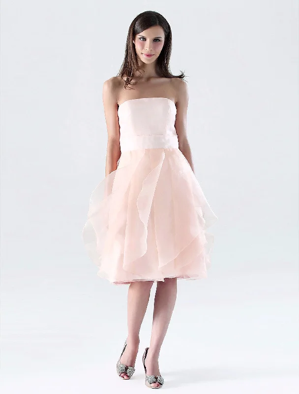 Limited Time Deal A-Line Bridesmaid Dress Strapless Sleeveless Open Back Knee Length Satin with Ruffles